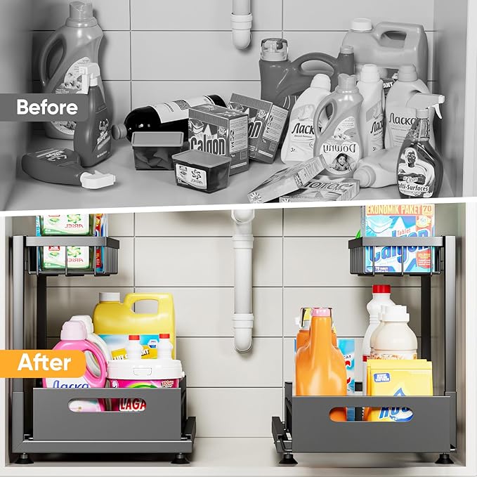 Under Sink Organizer Storage 2-Tier Premium Metal Pull-Out Kitchen Cabinet Organizer with Sliding Drawer, Height Adjustable, Heavy Duty for Kitchen & Bathroom Organizers 1 Pack Black