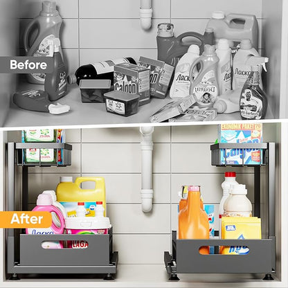 Under Sink Organizer Storage 2-Tier Premium Metal Pull-Out Kitchen Cabinet Organizer with Sliding Drawer, Height Adjustable, Heavy Duty for Kitchen & Bathroom Organizers 1 Pack Black