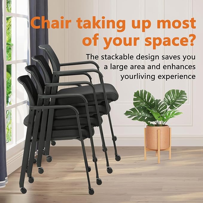 CLATINA Black Waiting Room Chair with Wheels Mesh Back Stacking Arm Chairs with Upholstered Fabric Seat and Ergonomic Lumbar Support for Office School Church Guest Reception