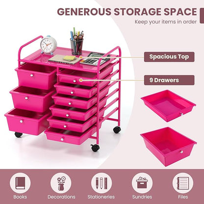 LDAILY 9 Drawer Rolling Storage Cart, Rolling Cart with Drawers for Classroom, Art Supply Craft Organizer on Wheel with Metal Frame & Handles for Home Office School