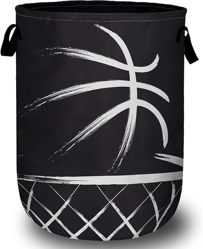 Black Basketball Laundry Basket, Foldable Sport Ball Theme Laundry Hamper Tote Bag Dirty Clothes Storage Bucket Toy Organizer for Bathroom/Laundry/Bedroom 15.7"x19.6"