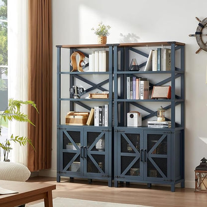 5 Tier Bookshelf 70" Tall Bookcase with Barn Doors,Large Farmhouse Display Book Shelf with Adjustable Shelves and Storage Cabinet，Library Wood Bookshelves for Living Room,Kitchen,Blue(3PCS)