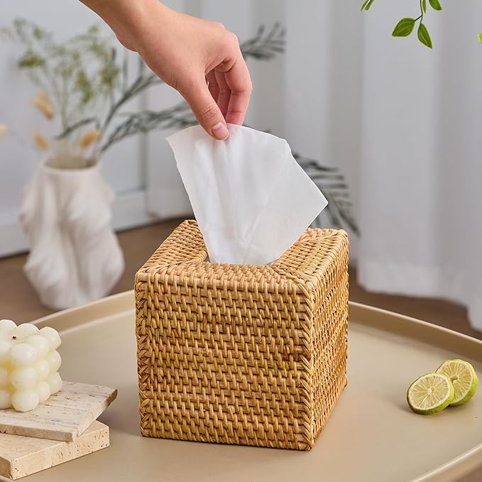 Hand-Woven Rattan Tissue Box Cover, Square Wicker Tissue Holder, Natural Woven Facial Napkin Holder
