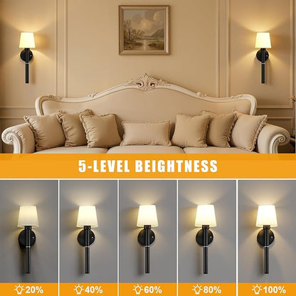 Rechargeable Wall Sconce Set of 2, Black Battery Operated Wall Sconce with Magnetic Rechargeable 5200mAh Battery Stick Dimmable and Remote, 3 Colors Wireless Lighting for Bedroom Hallway