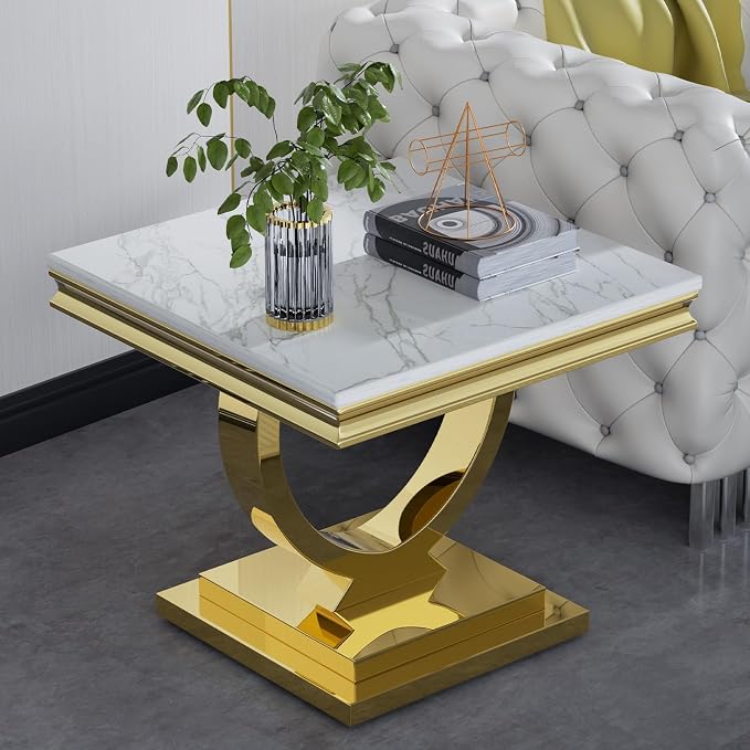 3 Piece Living Room Table Set Include 1 Faux Marble Coffee Table & 1 End Table & 1 Console Table, Modern White Gold Coffee Table Set of 3 with Double O Shape Stainless Steel Pedestal Base