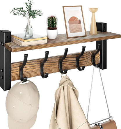 Coat Rack Wall Mount with Shelf, 17.1 Inch Coat Hanger, Entryway Wall Key Holder, Hat Rack for Walls, Shelf with 5 Coat Hooks, Purse Hanger for Wall (Brown)