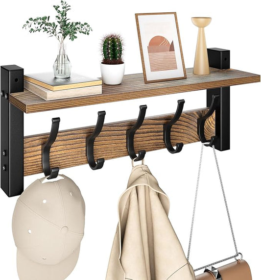Optish Coat Rack Wall Mount with Shelf, 17.1 Inch Coat Hanger, Entryway Wall Key Holder, Hat Rack for Walls, Shelf with 5 Coat Hooks, Purse Hanger for Wall (Brown)