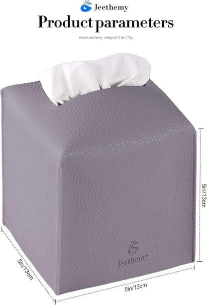 Tissue Box Cover, Jeethemy Square PU Leather Tissue Box Holder, Modern Tissue Case Facial Paper Organizer Dispenser，5X5X5'',Single Purple