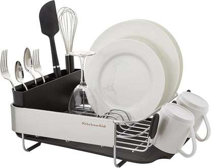 KitchenAid Compact, Space Saving Rust Resistant Dish Rack with Removable Flatware Caddy and Angled Self Draining Drainboard, 16.06-Inch, Black