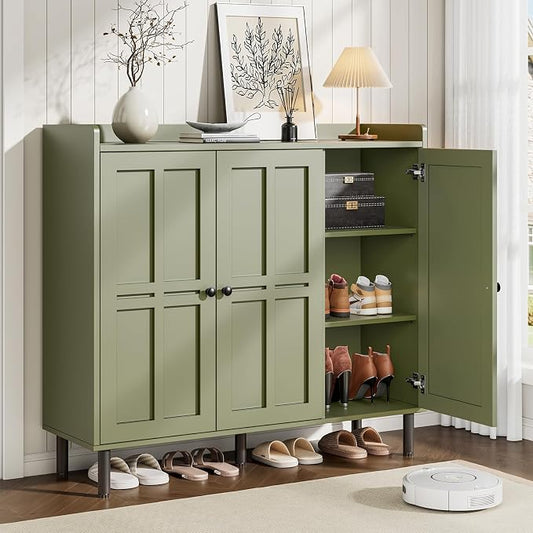 ONBRILL Shoe Cabinet with 3 Doors and Adjustable Shelves, 30 Pairs Shoe Storage Cabinet, 40 Inch Tall Farmhouse Shoe Rack Shoe Organizer Cabinet for Entryway Living Room Closet, Green
