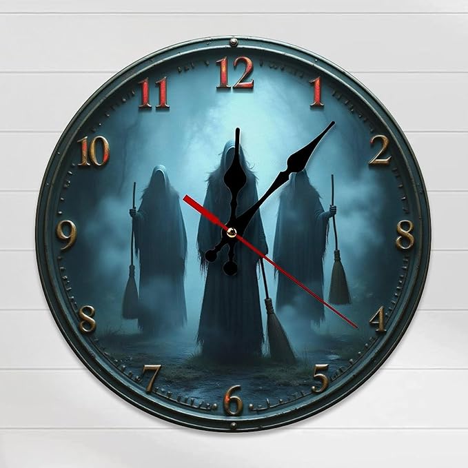 Wall Clock, Spooky Theme Non Ticking Wall Clocks Battery Operated, Teal Wooden Wall Clocks for Living Room, Bedroom, Study Room Decorative 10 Inch