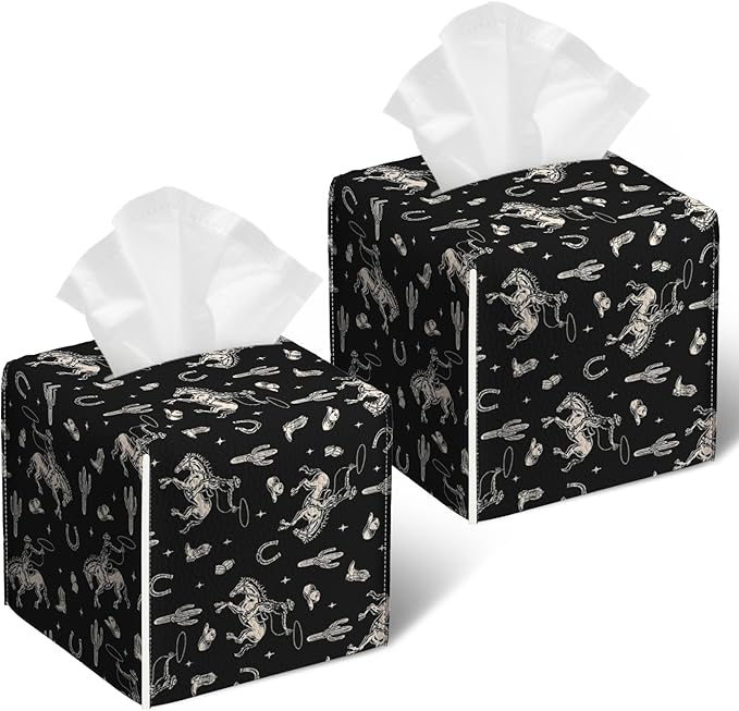 Western Cowboy Tissue Box Cover 2PCS, Leather Tissue Box Holder Square Facial Paper Case Tissue Box Cube Organizer for Bathroom Bedroom Desk Office