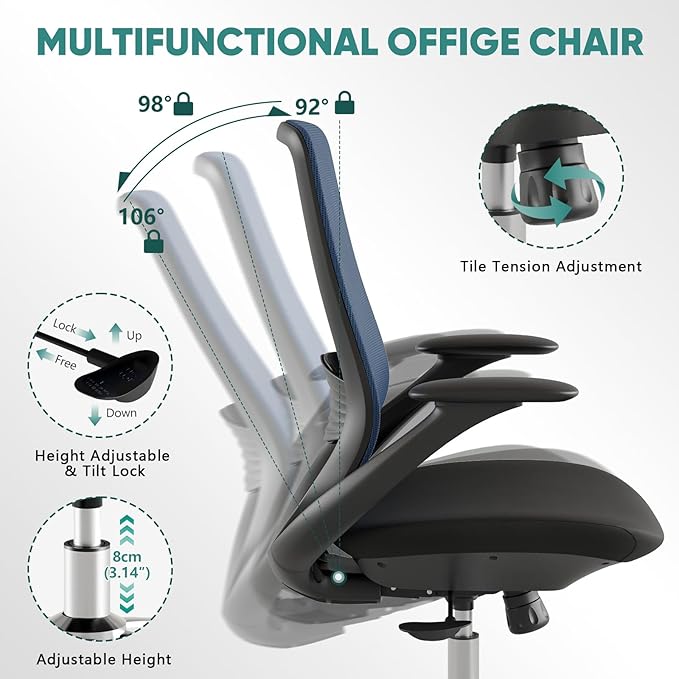 Ergonomic Mesh Office Chair, 330LBS Executive Desk Chair with Lumbar Support, 2D Armrests, Comfy Swivel Computer Task Chairs for Long Hours (Blue)