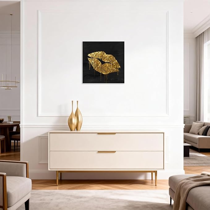Black and Gold Lip Canvas Wall Art Gold Wall Decor Fashion Glam Poster Kiss Picture for Bedroom Bathroom Wall Decoration Ready to Hang 20x20Inch