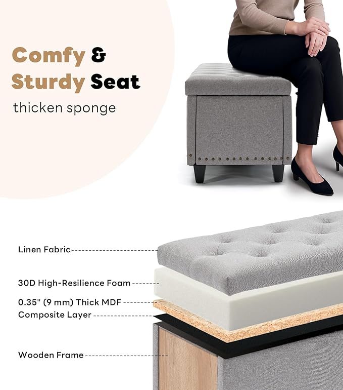 Tbfit 50.8“ Large Ottoman Storage Bench for Bedroom, Oversized Tufted Upholstered Entryway Benches End of Bed, Rectangle Dorm Foot Stool with Safety Hinge & Solid Wood Legs, Loads 660 lb, Light Gray