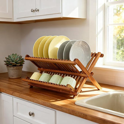 Utoplike Teak Dish Drainer Rack Collapsible 2 Tier Dish Rack Dish Drying Rack Foldable Plate Organizer Holder for Kitchen Compact