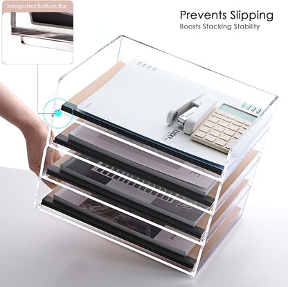 SANRUI Stackable 4-Tier Acrylic Desk Organizer, Clear Paper Letter Tray, Space-Saving Document File Holder for Home Office Workspace