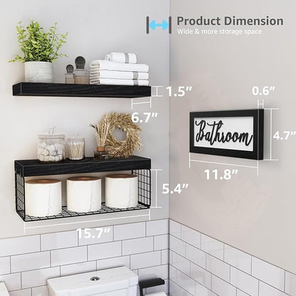 QEEIG ‎Bathroom Shelves Over Toilet - Paper Storage Wall Mounted Farmhouse Decor Decorations Aesthetic Décor Sign Small Floating Shelf 2+1 Set 16 inch, Black (020B)