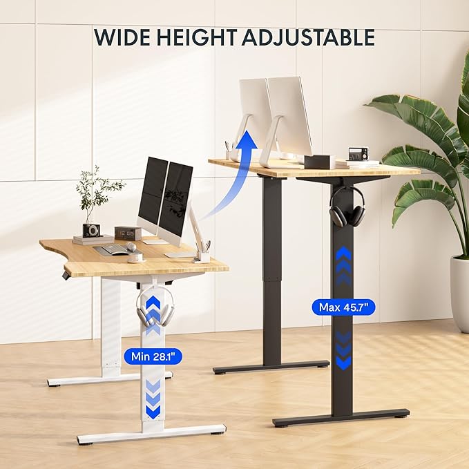FLEXISPOT EN1 Bamboo Standing Desk, 48 x 24 Inches Whole-Piece Electric Height Adjustable Desk for Home Office (Black Frame + Bamboo Curved Desktop, 2 Packages)