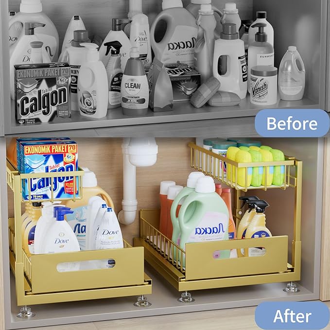 Under Sink Organizer Storage 2-Tier Premium Metal Pull-Out Kitchen Cabinet Organizer with Sliding Drawer, Height Adjustable, Heavy Duty for Kitchen & Bathroom Organizers 1 Pack Gold