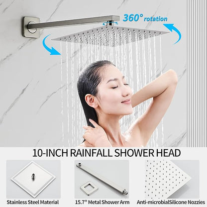 Brushed Nickel Rainfall Shower Faucet Set with Tub Spout 10 Inch, Shower Head and Handle with 2 Hooks, Rain Shower and Handheld Shower System Square Wall Mount for Bathroom