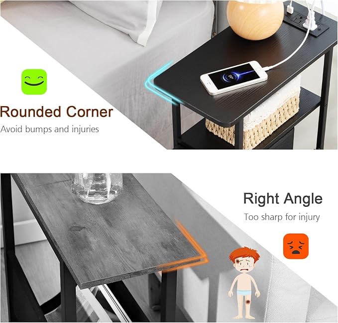 Narrow Nightstand with Charging Station, End Tables Living Room Set of 2, Skinny Side Table with Fabric Drawers, Slim Sofa Table for Bedroom, Small Spaces, Couch, Black, HETNDP02BK