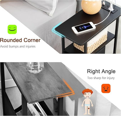 Narrow End Table Living Room with Charging Station, Skinny Side Table with Fabric Drawers, Slim Nightstand for Bedroom, Small Spaces, Couch, Black, HETNDP02BK-1