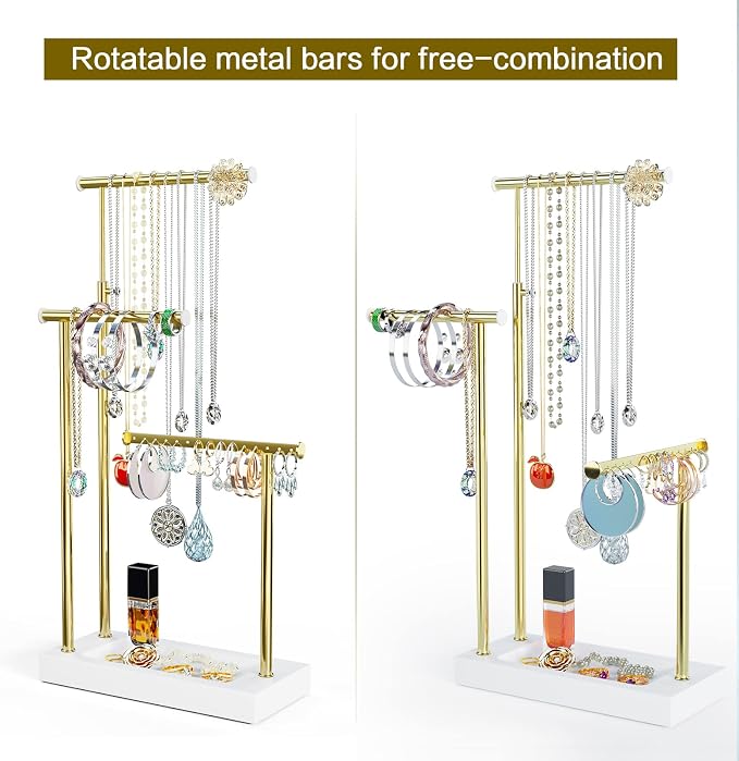 SRIWATANA Jewelry Organizer Display Extra Tall Necklace Holder 3 Tier Jewelry Tree Stand, Gift Idea (White & Gold)