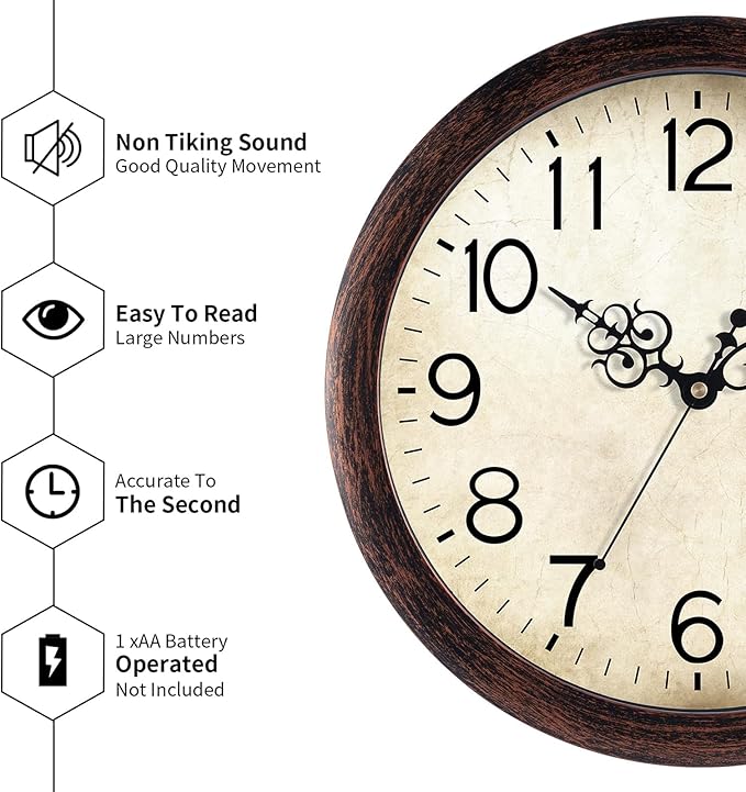 KECYET Wall Clock 10 Inch Vintage Wall Clocks Battery Operated Quartz Silent Non-Ticking Retro Rustic Style Clock Decorative for Kitchen,Bathroom, Living Room, Home Office (Bronze)