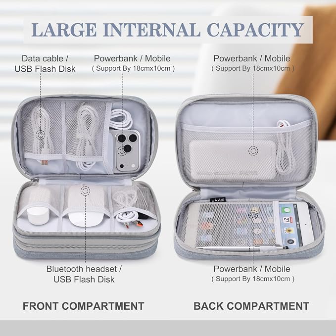 FYY Electronic Organizer, Large Travel Cable Organizer Bag Pouch Electronic Accessories Carry Case Portable Waterproof Double Layers All-in-One Storage Bag for Cable, Cord, Charger, Light Grey