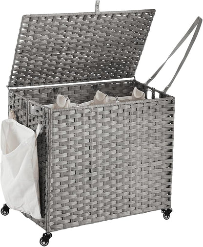 Laundry Hamper with Wheels, 34.3 Gallon(130L) Rolling Laundry Basket with Lid, 3-Section Rattan Clothes Hamper with 3 Removable Liner & 3 Mesh Bags, Laundry Sorter with Side Pocket, Grey