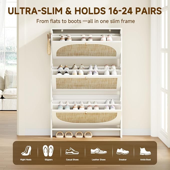 Nicetree Shoe Cabinet Storage for Entryway Slim 9.5" Freestanding Floor Base Shoe Storage Cabinet, 3 Flip Drawers with 3-Position Adjustable Divider, Holds 16-36Pairs, Bright White