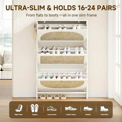 Nicetree Shoe Cabinet Storage for Entryway Slim 9.5" Freestanding Floor Base Shoe Storage Cabinet, 3 Flip Drawers with 3-Position Adjustable Divider, Holds 16-36Pairs, Bright White