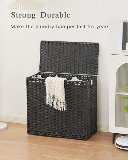 Laundry Hamper with Lid Laundry Basket 132 L (35 Gal) Wicker Clothes Hamper, Handwoven Rattan Hamper with Handles and 4 Removable Liner Bags, 6 Mesh Bags for Laundry Bedroom Black
