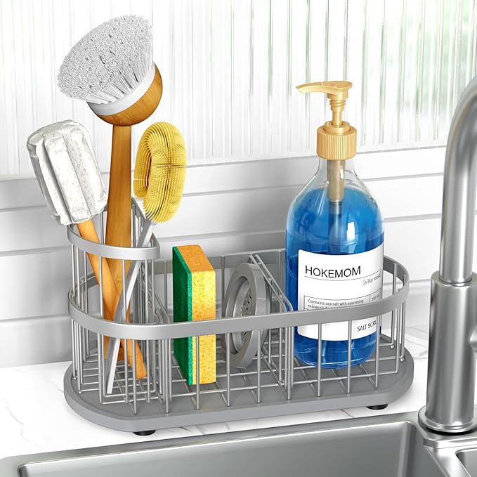 HOKEMOM Silver Sponge Holder for Kitchen Sink,Sink caddy organizer - 2.6mm Thick 304 Stainless Steel Caddy with Rust-Proof Coating, Non-Slip No-Drain Base. Dimensions: 9.84" x 4.72" x 5.83"