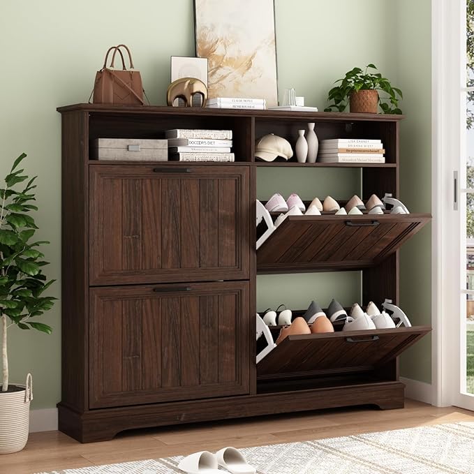 Shoe Storage Cabinet with 4 Flip Drawers, Farmhouse Modern Hidden Shoes Rack Cabinet with Adjustable Shelves & Open Storage, Narrow Slim Shoe Organizer for Front Door Entrance, Entryway, Walnut