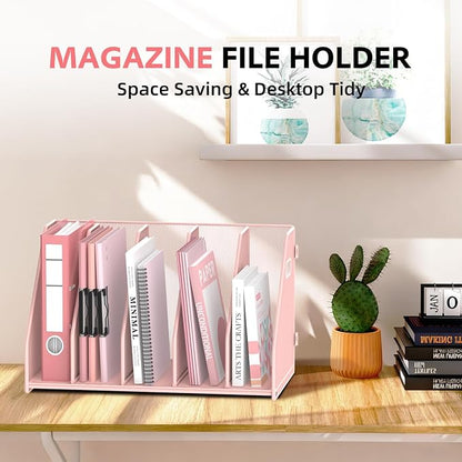 SUPEASY Binder Organizer, Magazine File Holder with 5 Vertical Compartments Rack, Metal Desk File Organizer & Binder Holders, Magazine Organizers for Office Desktop, Home, School, Classroom (Pink)