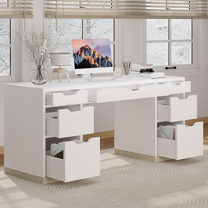 White Desk with 7 Drawers, 54 Inch Executive Desk with Drawers for Bedroom, Home Office Desk with Cabinet for Work Writing Study, Small Spaces