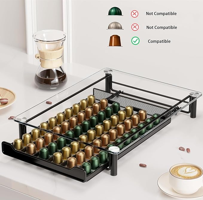 SEVENLINE Crystal Tempered Glass Coffee Pod Storage Drawer Compatible with Nespresso OriginalLine Capsules Holder 60 Original Line Pods Holds Kitchen Organizer