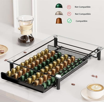 SEVENLINE Crystal Tempered Glass Coffee Pod Storage Drawer Compatible with Nespresso OriginalLine Capsules Holder 60 Original Line Pods Holds Kitchen Organizer