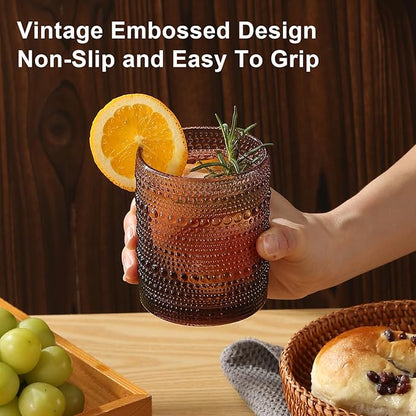 Vintage Glassware Drinking Glasses Set of 12,Purple 12oz & 15oz Hobnail Glass Cups,Embossed Water Tumbler,for Beer,Cocktail,Whiskey,Juice and Various Mixed Drinks- 1 Cleaning Brush