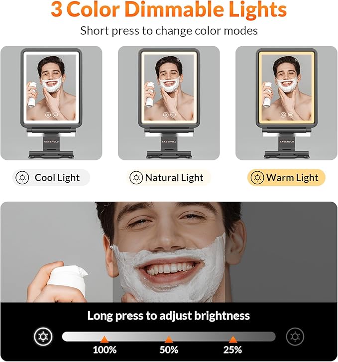 EASEHOLD Shower Mirror Fogless for Shaving, Heated LED Mirror with 3 Color Lights, Adjustable Anti Fog Razor Holder and Storage Tray, 5000mAh Rechargeable Light Up Mirror Bathroom for Men