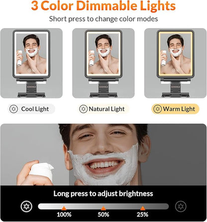 EASEHOLD Shower Mirror Fogless for Shaving, Heated LED Mirror with 3 Color Lights, Adjustable Anti Fog Razor Holder and Storage Tray, 5000mAh Rechargeable Light Up Mirror Bathroom for Men