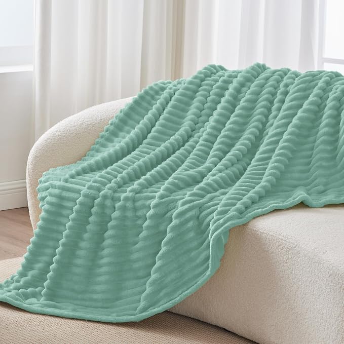 BEDELITE Twin Blanket for Couch & Bed, 300GSM Soft & Warm Fleece Blanket, Decorative and Giftable Striped Mint Blue Blankets for Women, Men, 60"x80"