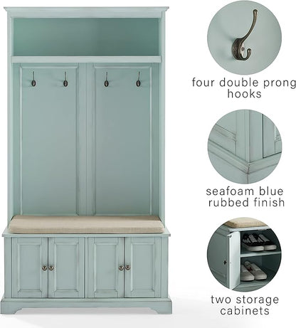 Crosley Furniture Holbrook Hall Tree with Shoe Rack Bench and Coat Hooks for Hanging Storage, Distressed Seafoam Blue