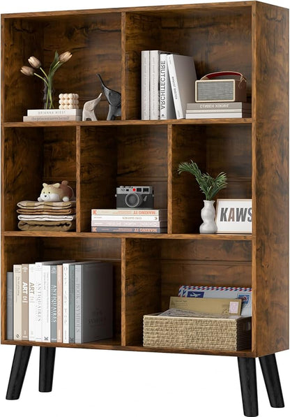LEYAOYAO 7 Cube Bookshelf, 3 Tier Modern Bookcase with Legs, Mid-Century Modern Wood Book Shelves Storage, Rustic Brown Book Case, Freestanding Organizer Display Shelf for Bedroom,Living Room,Office