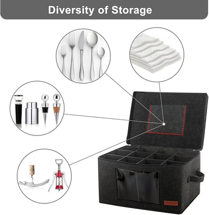 2 Pack Wine Glass Storage Box with Dividers, Stemware Storage Containers for Packing and Moving, China Storage Containers Box for 12 Crystal Glassware, Wine Glasses, Drinkware,Dark Gray