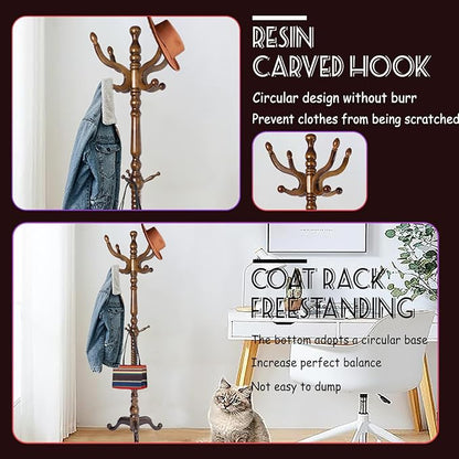 73 in Wood Coat Rack, Coat Rack Freestanding with Stable Round Base, Adjustable Height Tree Coat Racks Stand for Home Bedroom Office Hallway Entryway (Triangular Antique)