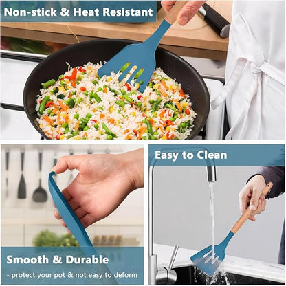 IOCBYHZ Silicone Kitchen Cooking Utensils Set 5Pcs Non-Stick Silicone Kitchen Utensils Set Spatula Spoon Turner Ladle with Wooden Handle, Heat Resistant Cooking Gadgets for Nonstick Cookware BPA-FREE