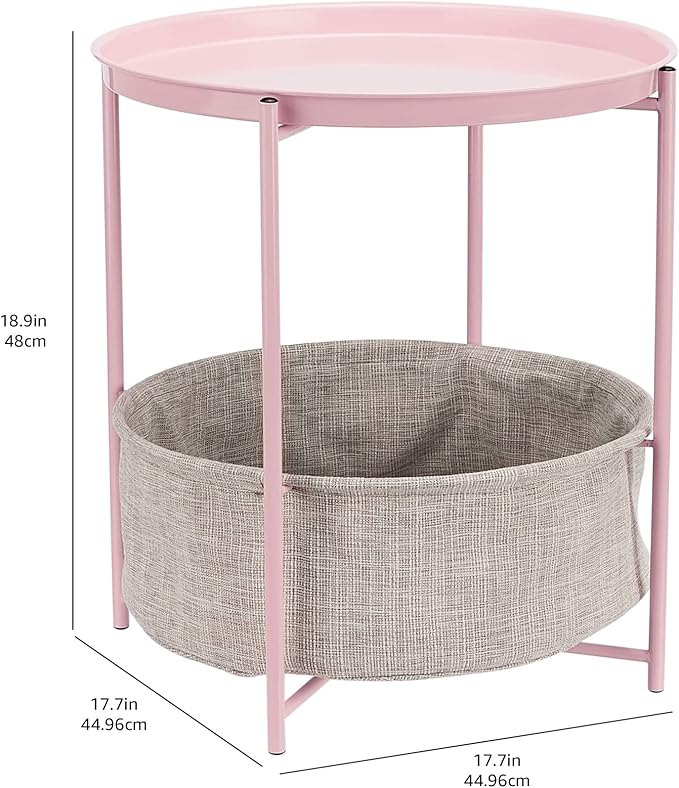 Amazon Basics Round End Table, Dusty Pink, 17.7"D x 17.7"W x 18.9"H | Side Table, with Cloth Basket, Storage